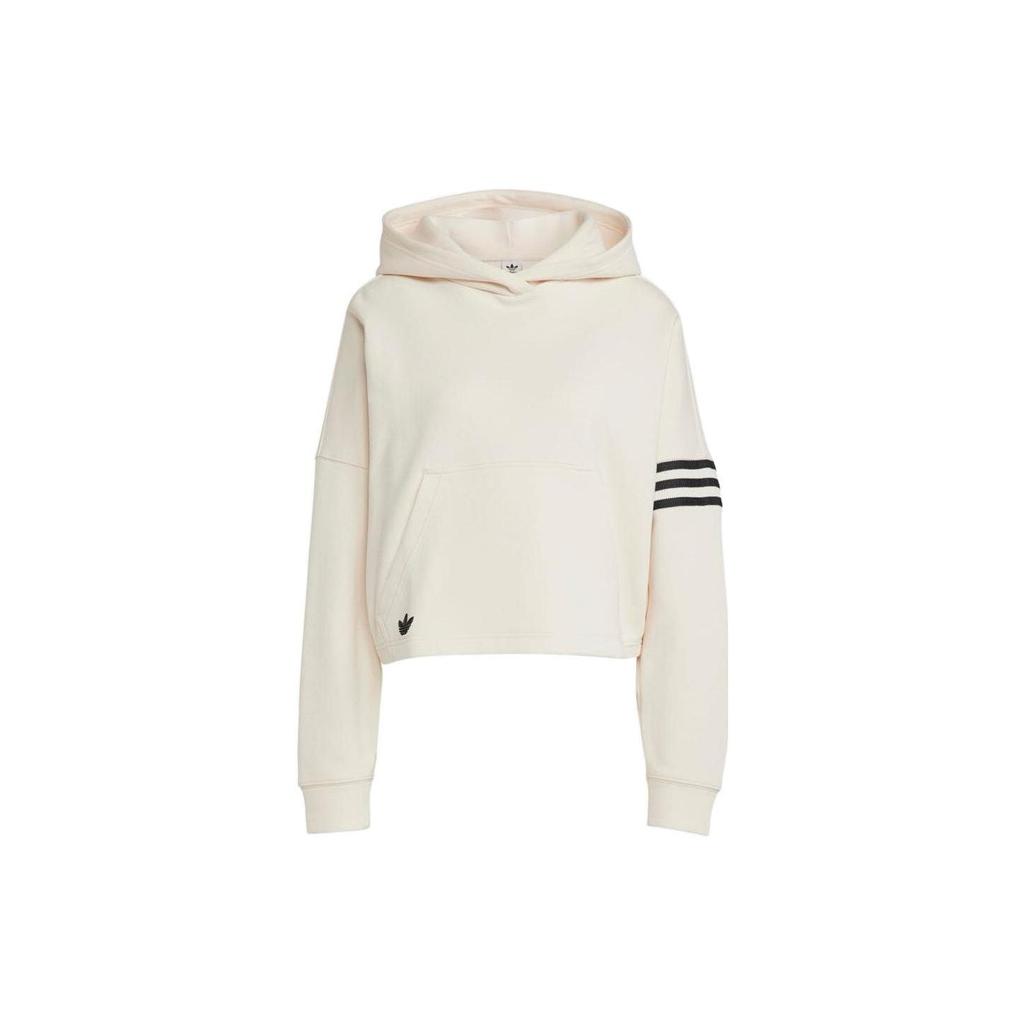 Adidas Originals Campus 00s Series Clover Logo Stripe Print Cropped Hoodie Long Sleeve Sweatshirt Women Tops White IB5921