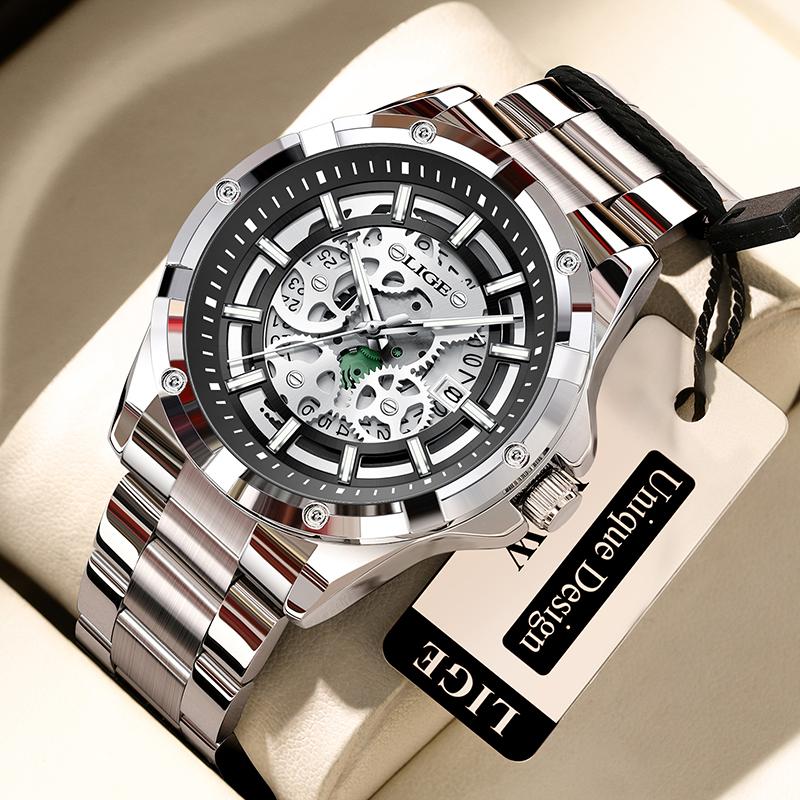 Reloj de Cuarzo para Hombre Negro Esqueleto Hueco Resistente al Agua Reloj para Hombre Deportes al Aire Libre Luminoso Fecha Reloj Masculino Relogios Masculino