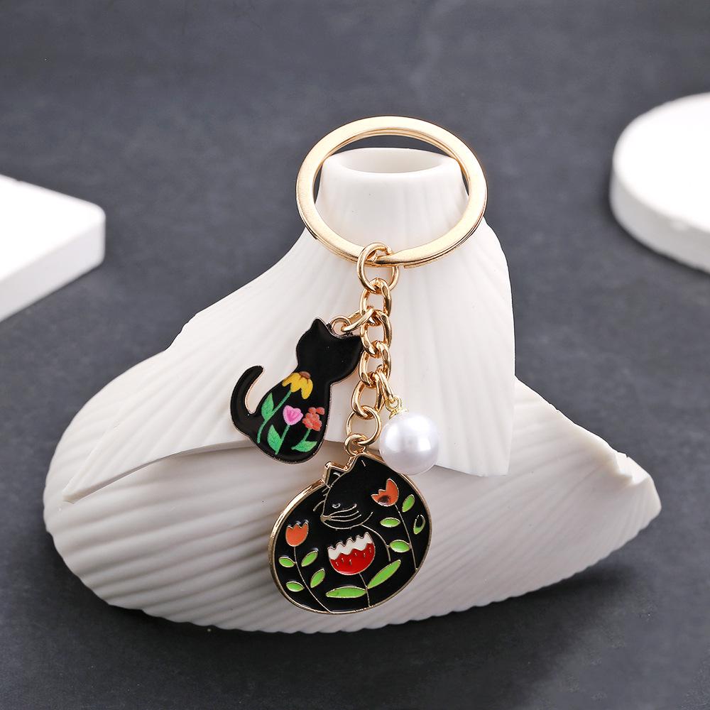 Drip Oil Cartoon Cute Flower Black Cat Pearl Keychain Metal Ornament Pendant