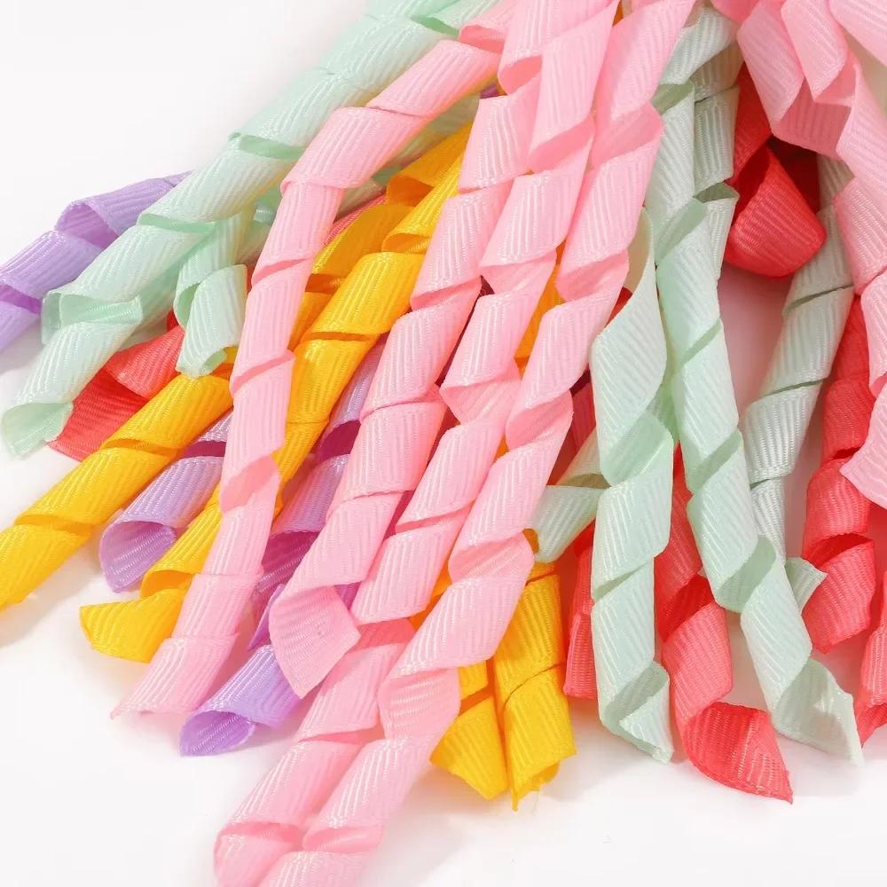 RAINBOW BOWS Grosgrain Ribbon Long Hair Ties Bows for Baby Girls Curly Hair Bows Elastic Colorful Kids Hair Band 2Pcs/lot Whole