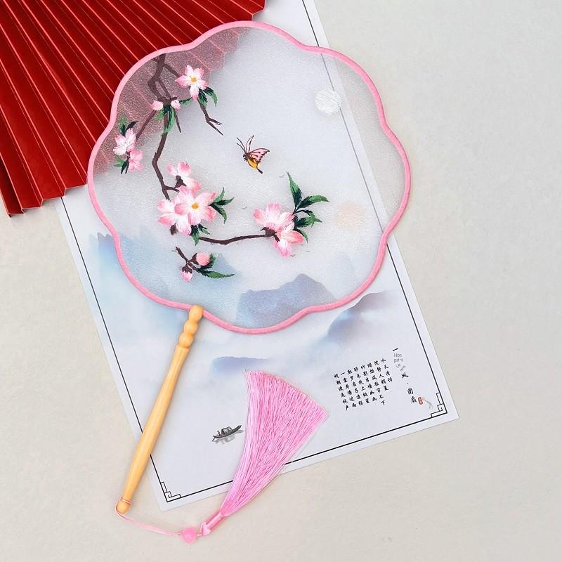 High-End Traditional Style Embroidered Round Fan, Hanfu Qipao Semi-Transparent Ancient Costume Lace-Shaped Embroidery, Classical Style Children's