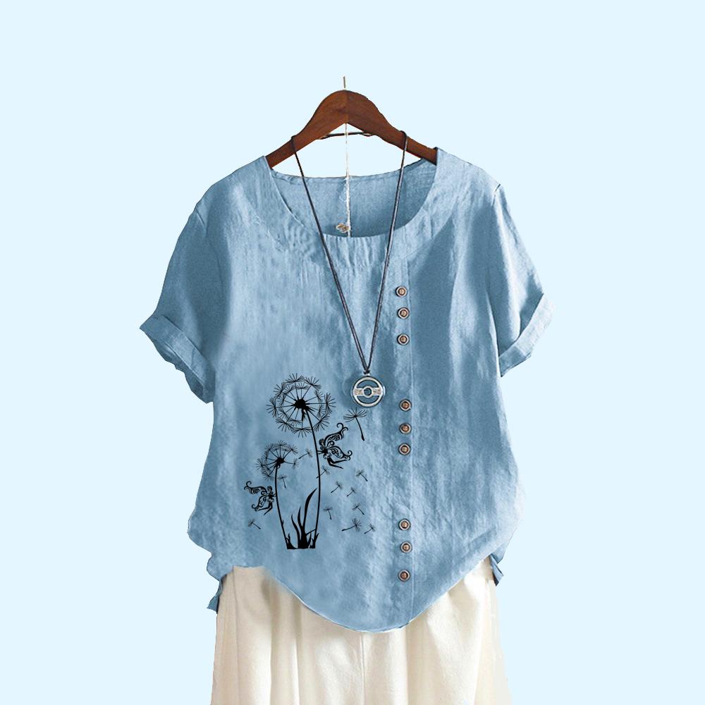 Women Fashion Print T-shirt Casual Short Sleeve Top Summer Round Collar Loose Plus Size Blouses