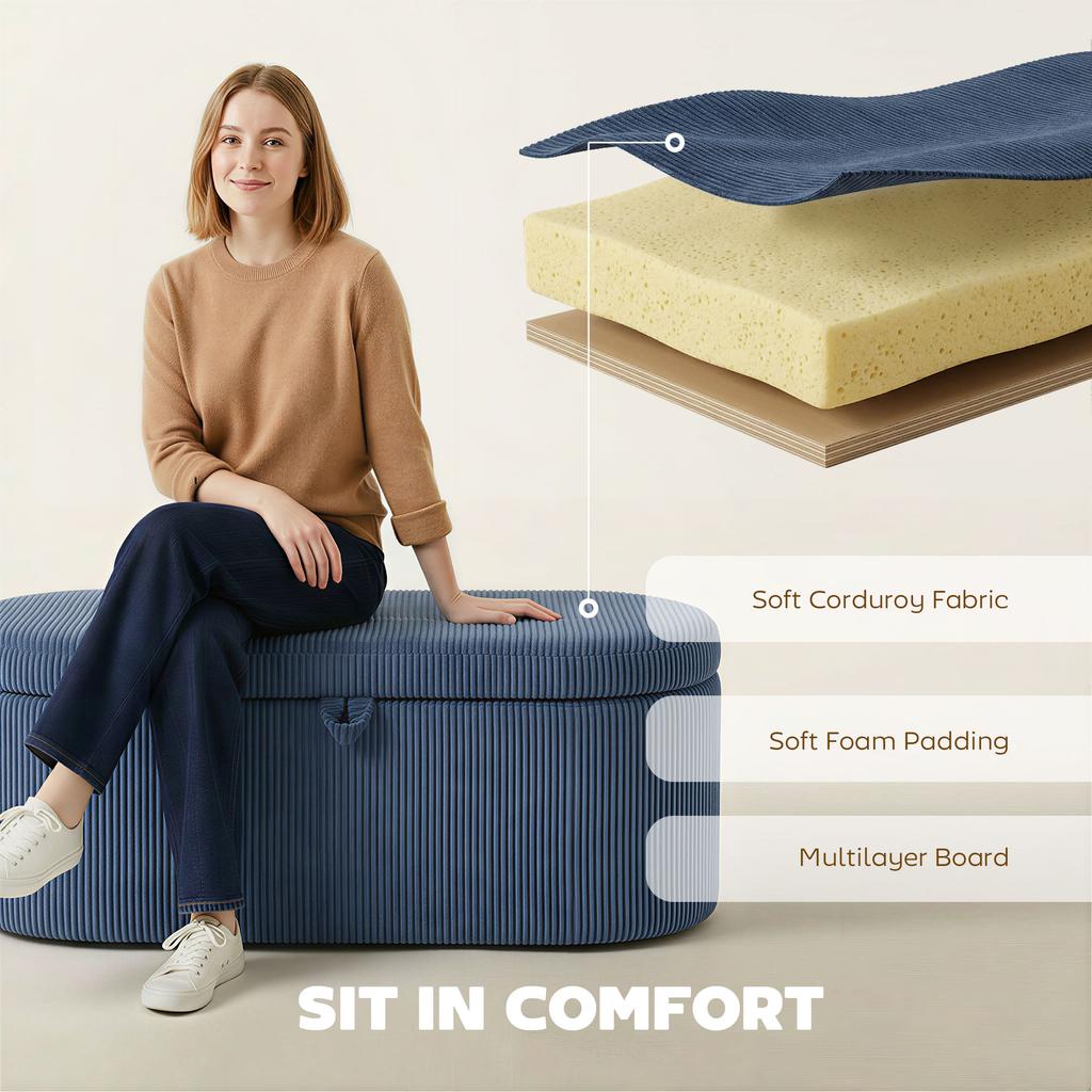 Storage Ottoman, Corduroy Upholstered Ottoman Storage Box with Padded Seat, 105 X 51 X 49 Cm, Blue
