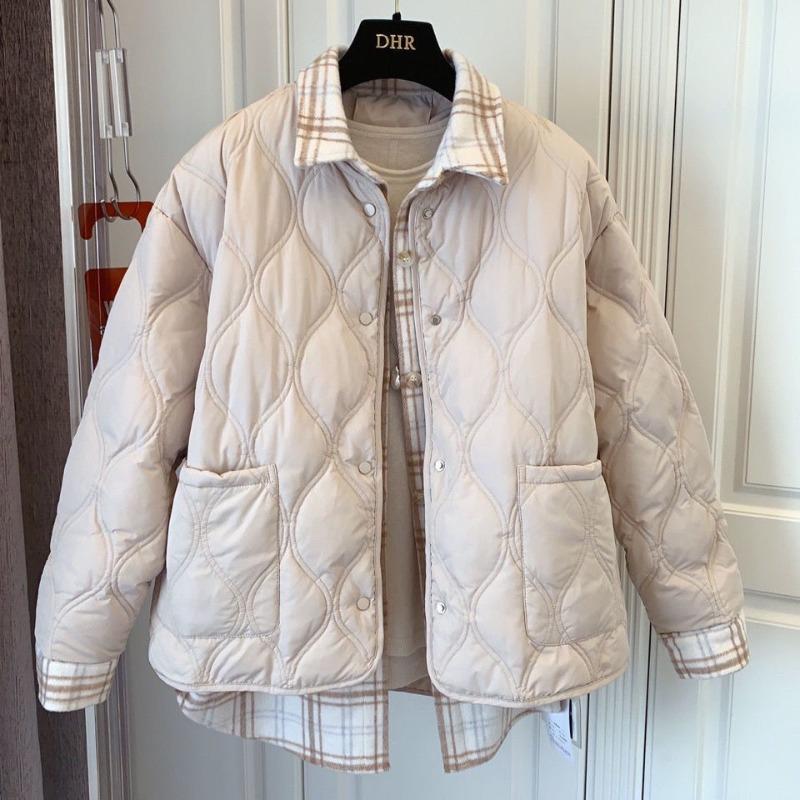 Cotton-padded clothes in autumn and winter, new thickened and loose students splicing retro plaid shirts, fake two-piece cotton jackets for women
