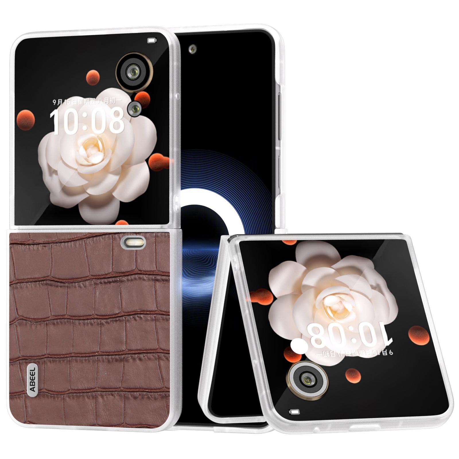 

For Honor Magic V Flip 5G Case Genuine Cow Leather+PC Phone Cover Crocodile Texture Brown