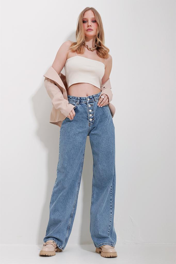 Damskie Spodnie Nowy Sezon Moda Niebieskie Wysoki Stan 5 Guzików Kieszeń Spodnie Jeansowe Śnieżnie Wycierane