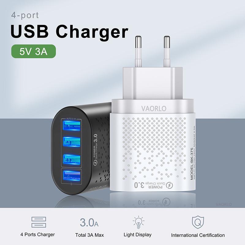VAORLO 3A Charging Port Fast Charger 4 USB Port LED Light Quickly Charge EU US Plug 48W Charging