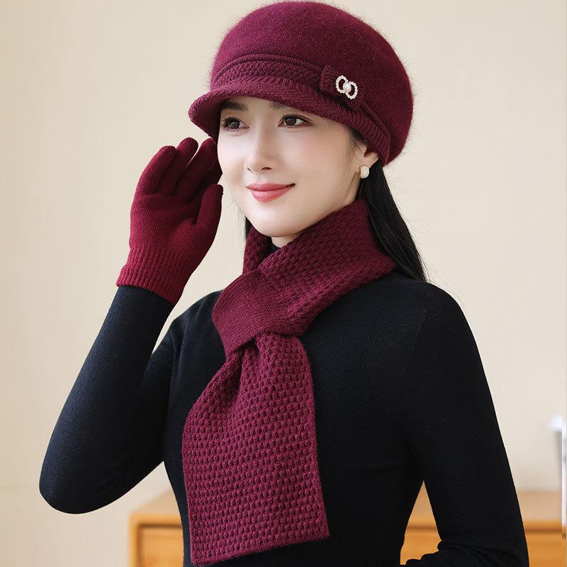 Old Lady Rabbit Fur Warm Knitted Hat Female Mother Plus Fleece Basin Hat Grandma Wind and Cold Scarf Glove Hat