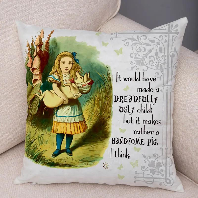 Alice In Wonderland Cushion Cover Cute Rabbit Cat Printed Sofa Pillow Vintage Home Decorative Pillow Case for Children Room