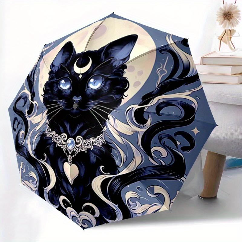 1pc Moonlight Black Cat Fully Automatic Folding Portable Umbrella, 8 Iron Frames, Three-Fold Design, Suitable for All Seasons, Suitable for
