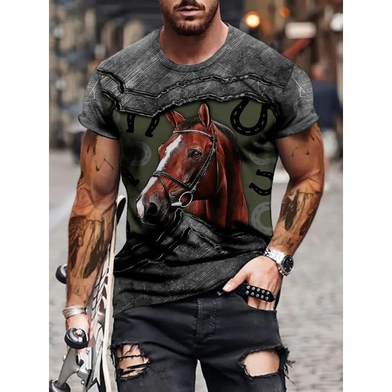 Black White Horse Graphic 3d Full Print T-shirt For Men Fashion Short Sleeve Crew Neck Tshirt Casual Summer Oversized Top