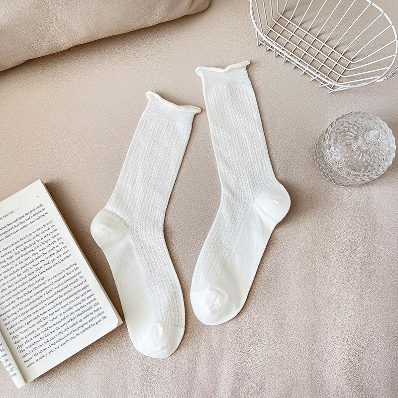 Women's Summer Thin Ballet Breathable Boneless White Medium Tube Stack Socks