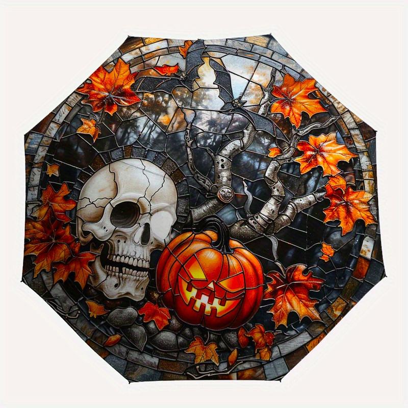 Halloween Skull & Pumpkin Stained Window PanelUmbrella, Portable 3-Fold Compact Umbrella,Christmas Gift ES636