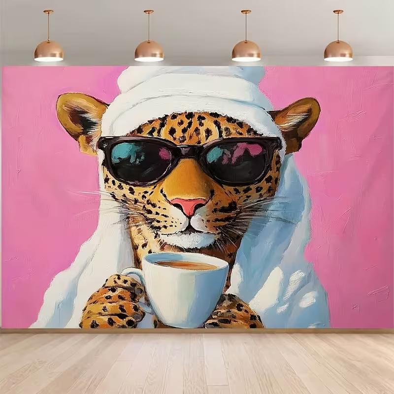 

2D Leopard with Sunglasses & Coffee Backdrop for Bedroom Decor and Girly Party 47.2x31.5inch/120*80cm