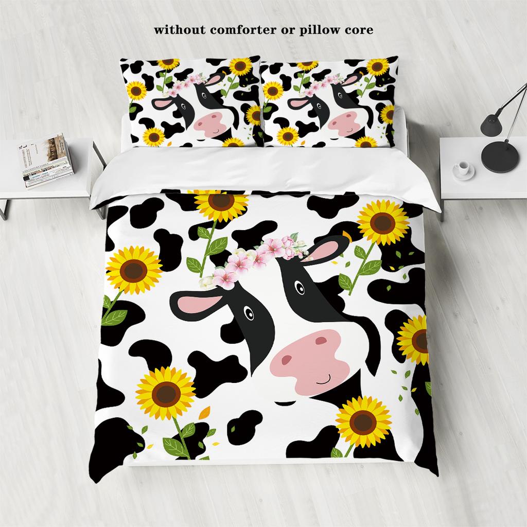 3-piece rural farm style cow flower pattern printed down duvet cover (1 duvet cover+2 pillowcases, no core) bedding set