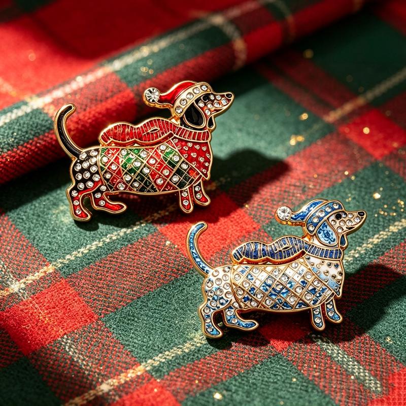 Lovely Christmas Dog Brooches For Women Unisex 2-Color Rhinestone Dachshund Animal New Year Party Brooch Pins