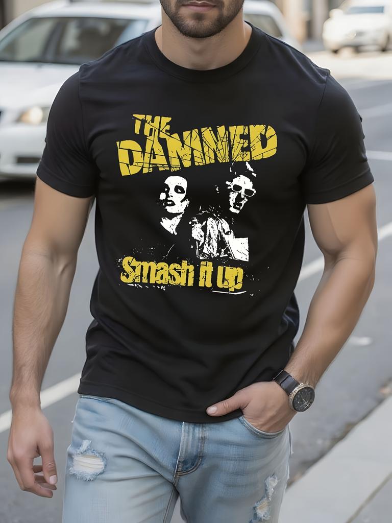 Punk Rock Band Tee - Smash It Up Damned Graphic Shirt - Black Crew Neck with Yellow Distressed Typography T-shirt