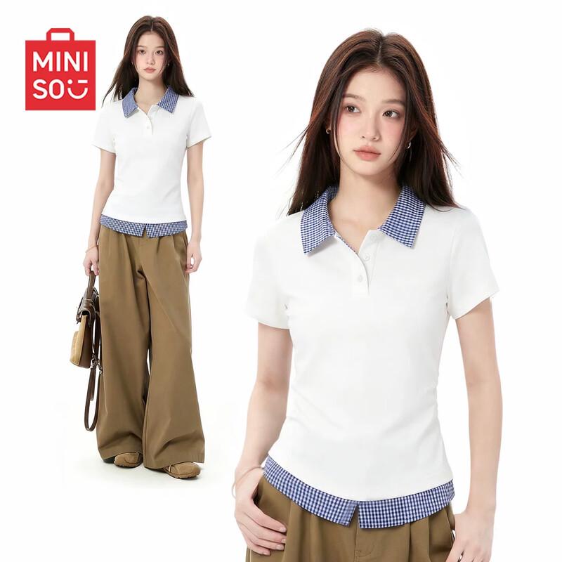 MINISO Women s Slim Fit Checkered Polo T-Shirt L