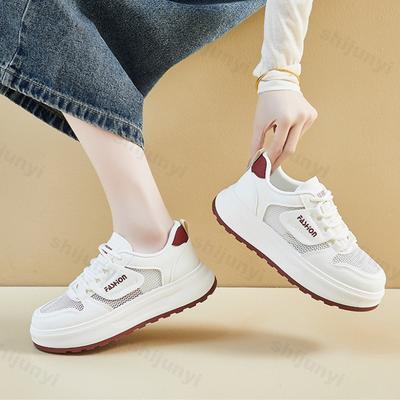 Women's White Sneakers Autumn New Mesh Breathable Height Increase Casual Shoes Comfortable Fashion Cross Tied Non Slip Flats
