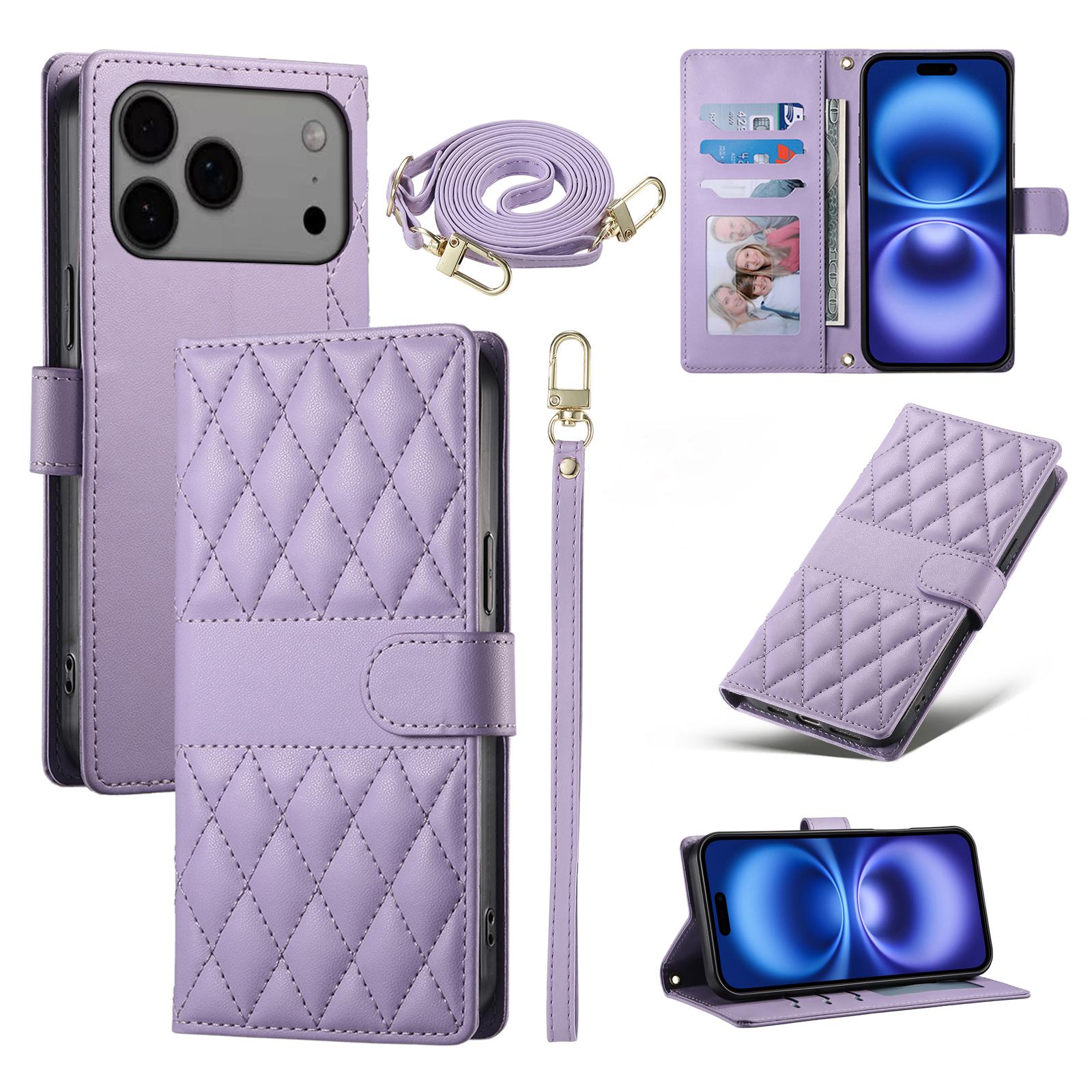 

For iPhone 17 Pro Max Case Rhombus Stitching Wallet Stand Leather Phone Cover with Long/Short Strap Purple