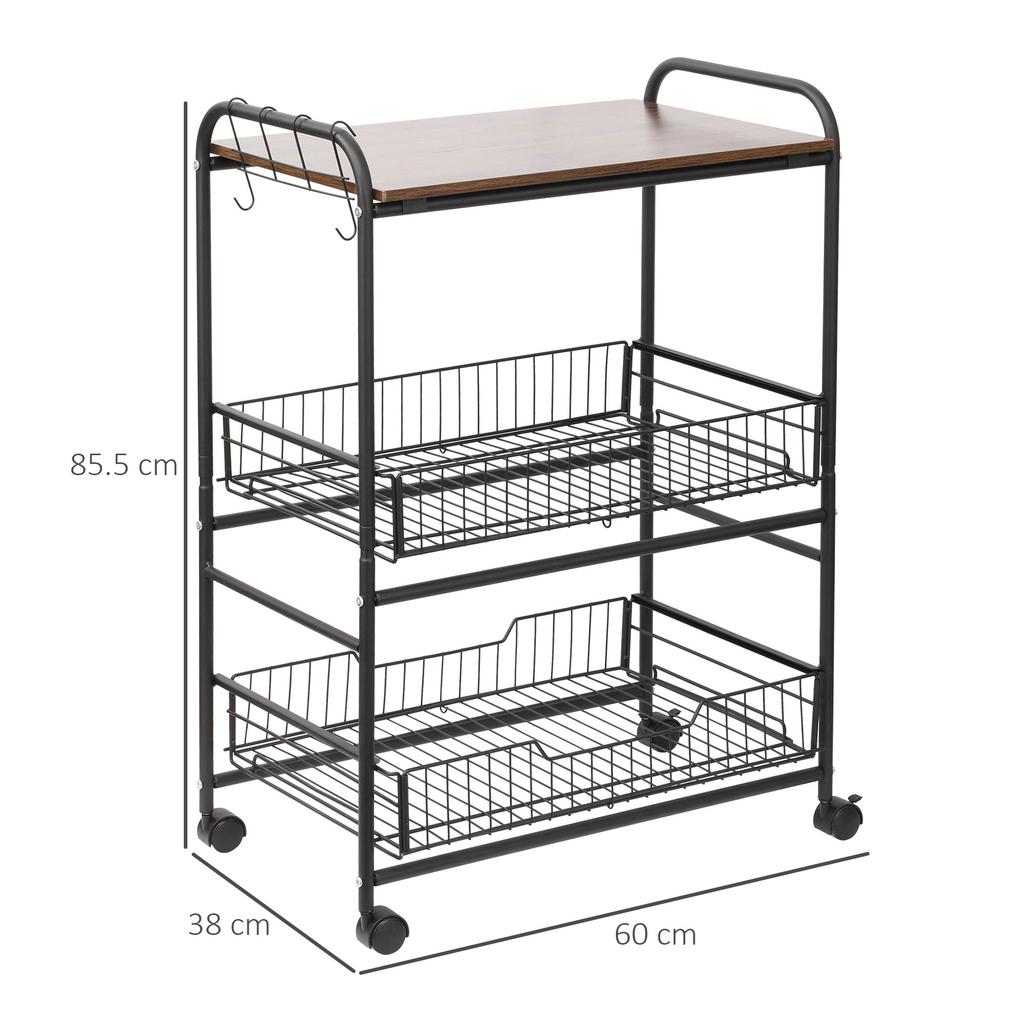 Kitchen Cart Industrial Style Food Carrier With 4 Wheels 2 Baskets And 4 Hooks 60x38x85.5cm Brown Black