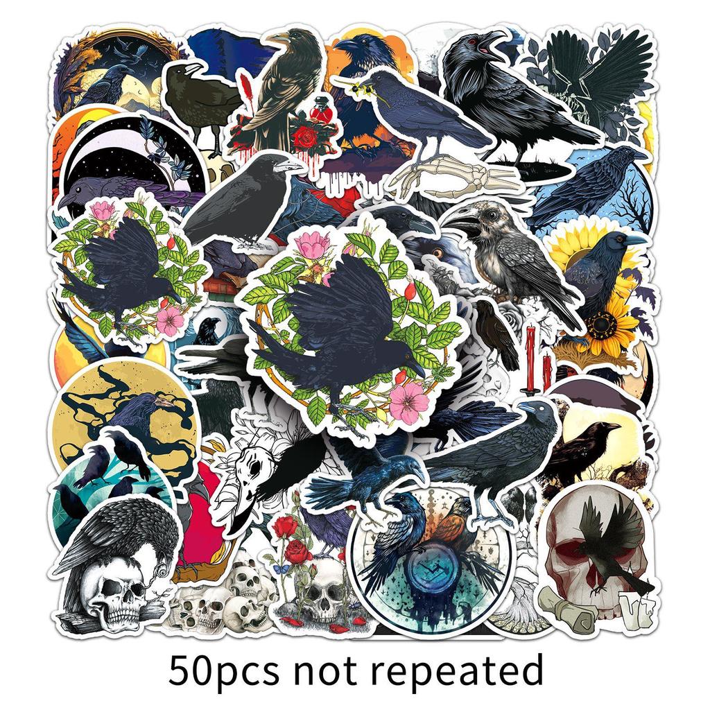 50pcs Gothic Crow Cross Halloween Waterproof Stickers for Phone Cases & Suitcases