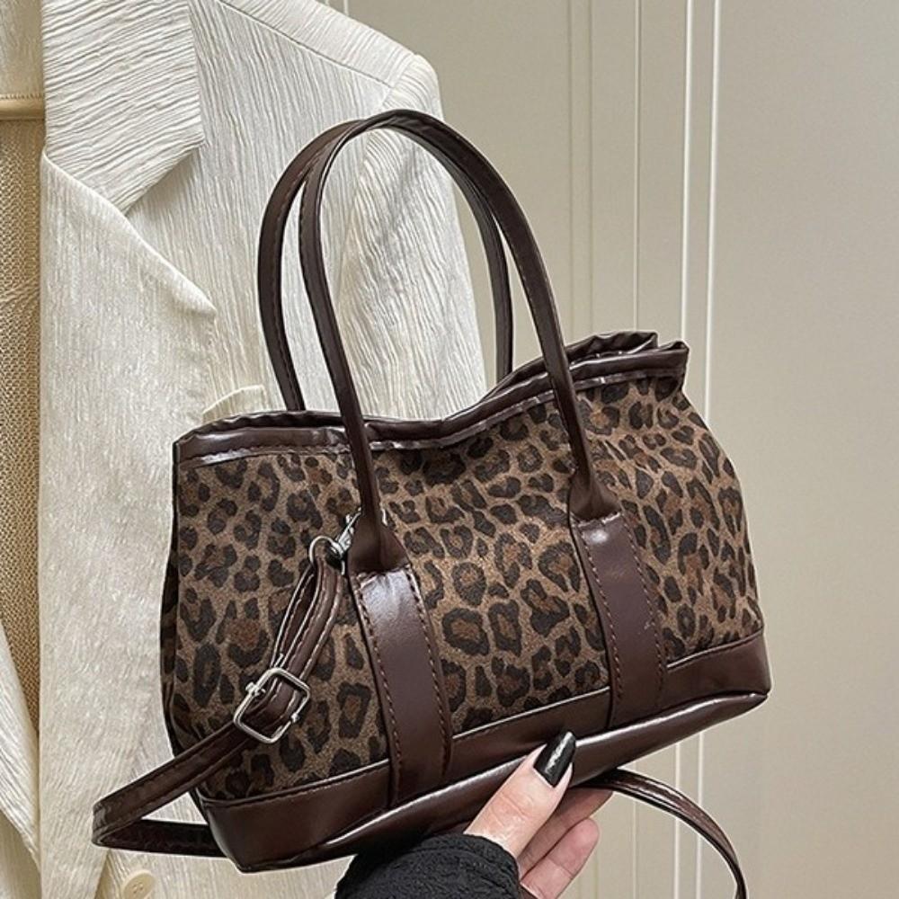 Retro Leopard Print Crossbody Bag Patchwork Faux Suede Tote Bag Lightweight Large Capacity Ladies Bucket Shoulder Bag Daily