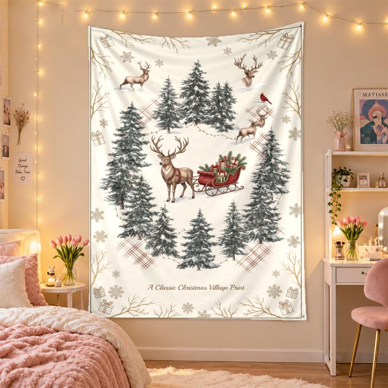 Weihnachtlich bedruckter Wandteppich für Schlafzimmer Wohnzimmer Wanddekoration Feiertagsgeschenk