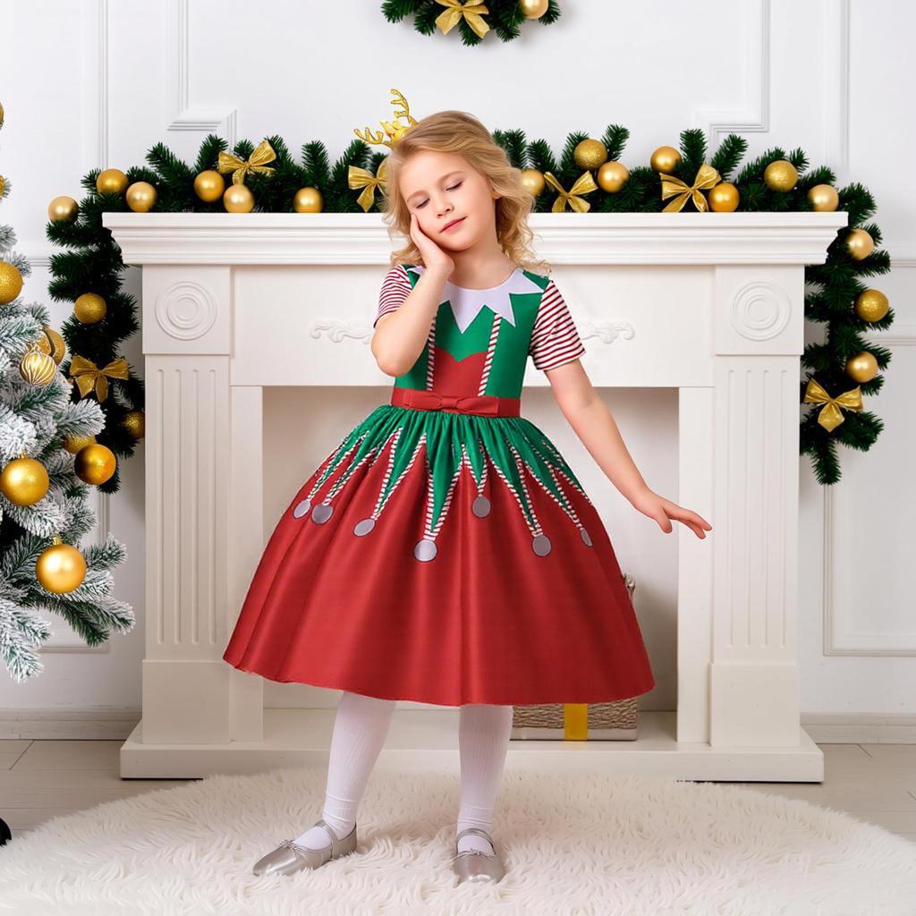 Vestido de Piano de Cetim de Desenho Animado de Natal Europeu e Americano para Meninas