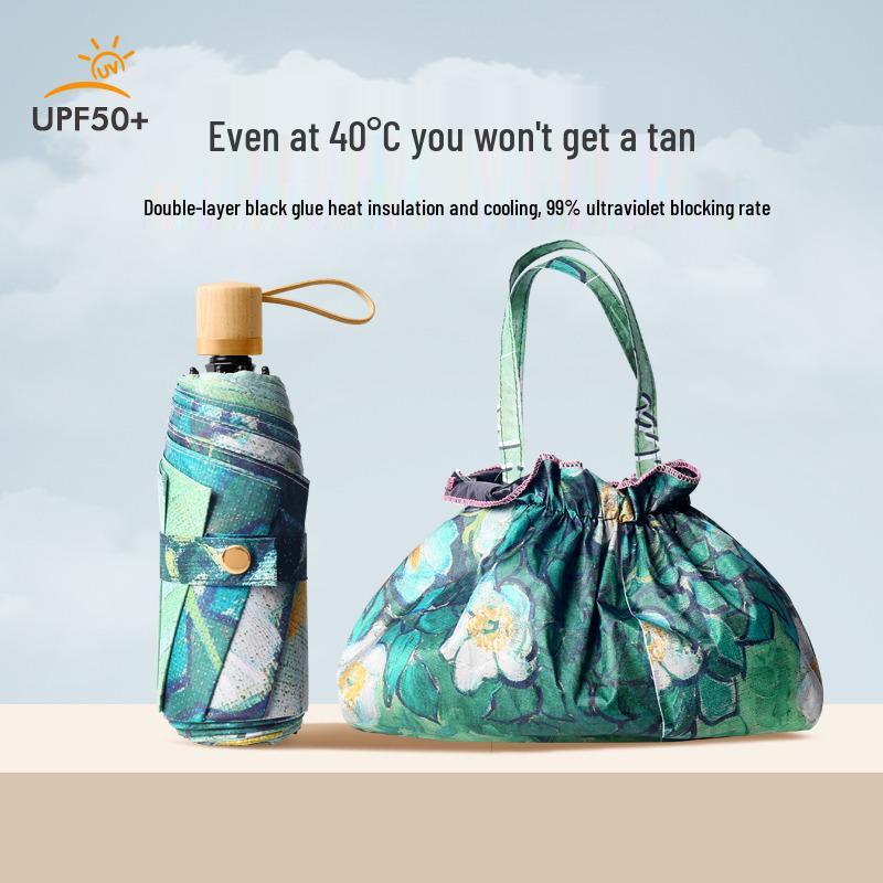 Women's UV-Protection Foldable Sun Umbrella - Compact, Portable, Manual, for Rain or Shine with Black Glue Coating.