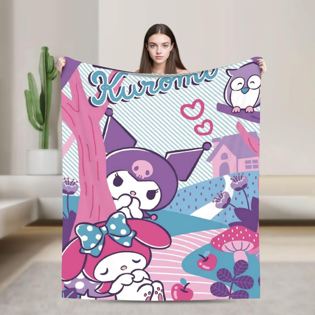 Kuromi Halloween Plaid Blankets Fleece Summer Portable Super Warm Throw Blanket for Home Bedroom Rug Piece