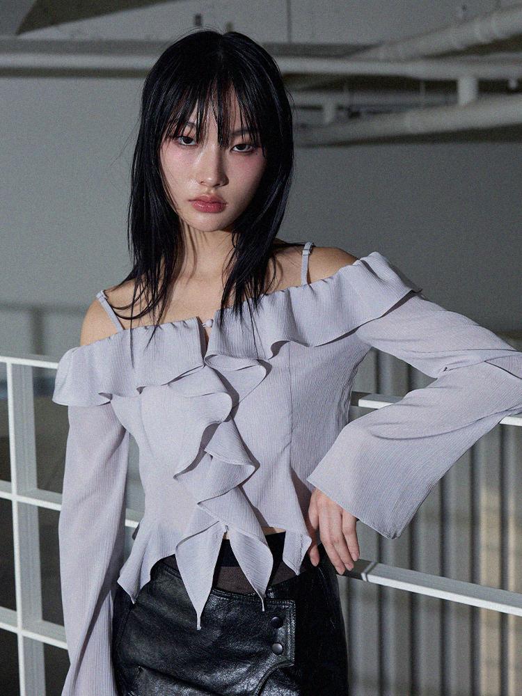 Itove Seoul Off-Shoulder Frill Blouse Gy M/Gy