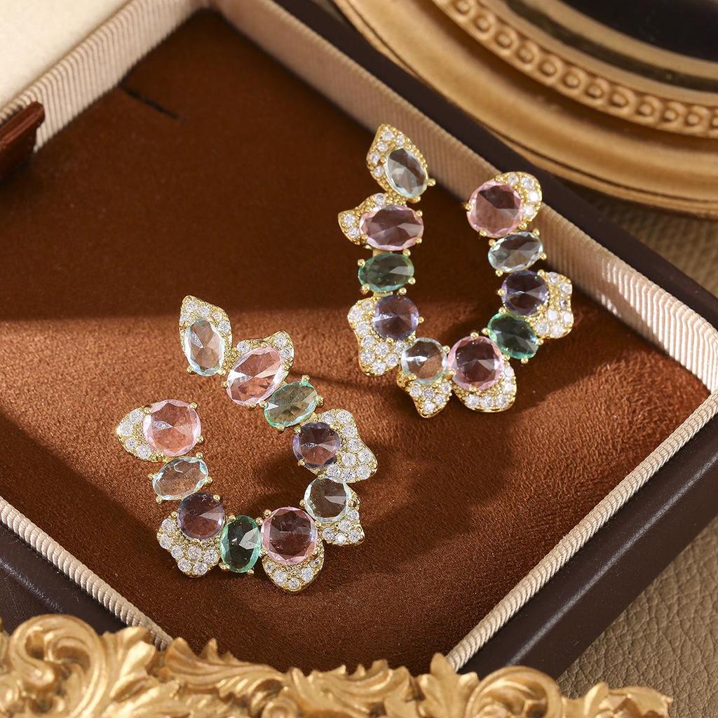 Exaggerated U-Shaped Colorful Zirconia Earrings: 2024 Trendy Retro Luxury Studs for Women