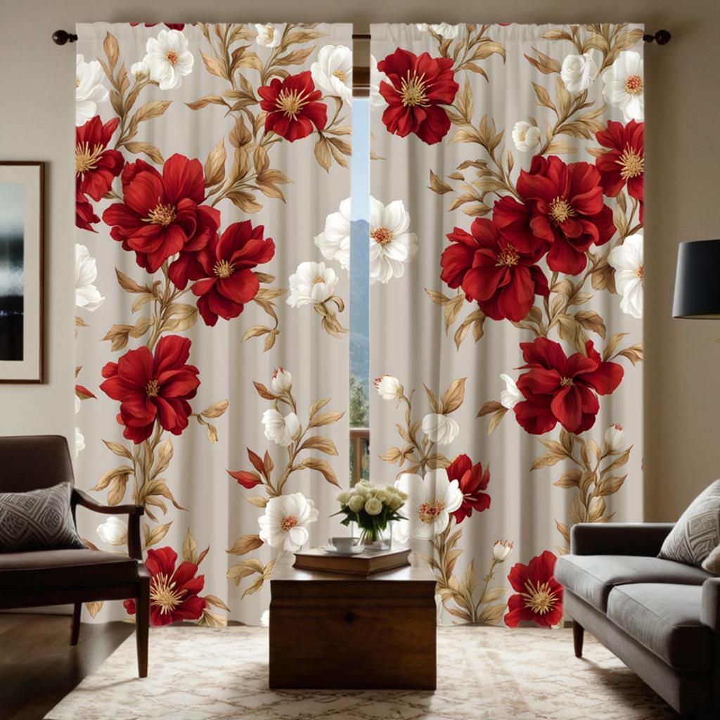 2-piece HD Digital Red Tie Bright Flower Curtain Home Decoration Style Decorate Living Room Bedroom Wear Rod Curtain Effect Styl