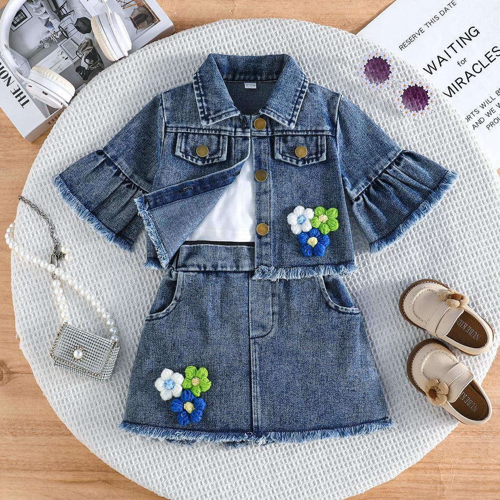 Toddler 3PCS Denim Outfit, Floral Decorated Flare Sleeve Jacket, Tank Top and Skirt