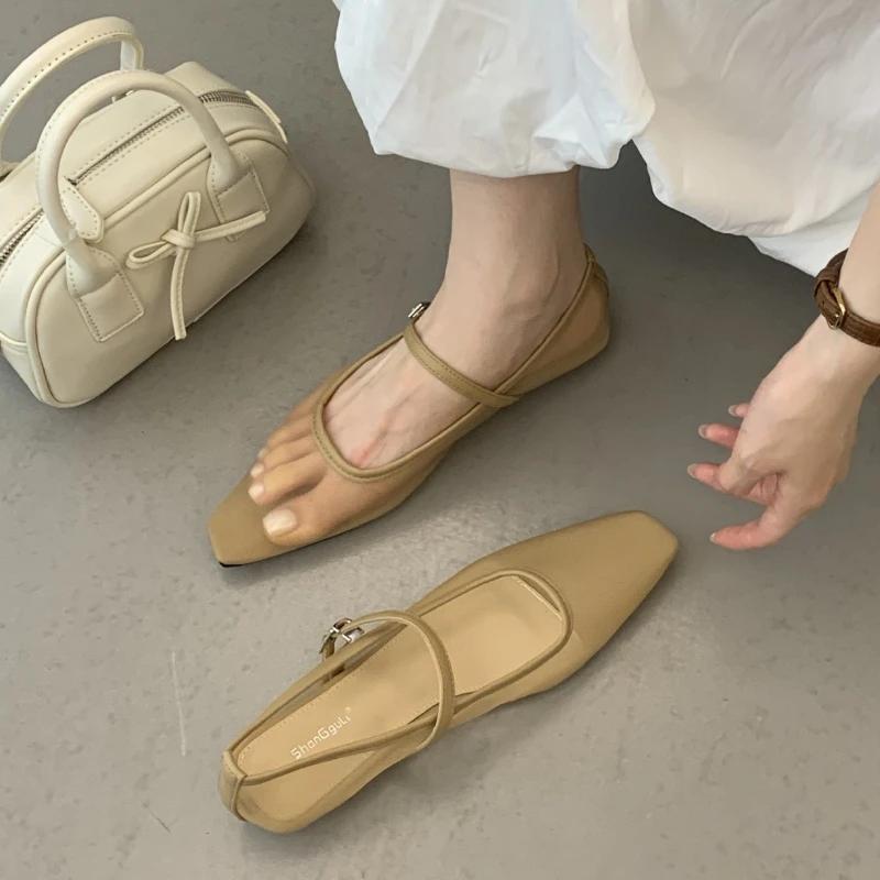 Fashion Retro Mesh Brand Flat Ballet Flat Shoe Women Fashion Buckle Square Toe Shallow Mary Jane Shoe Summer Casual Non Slip Flat Sandal