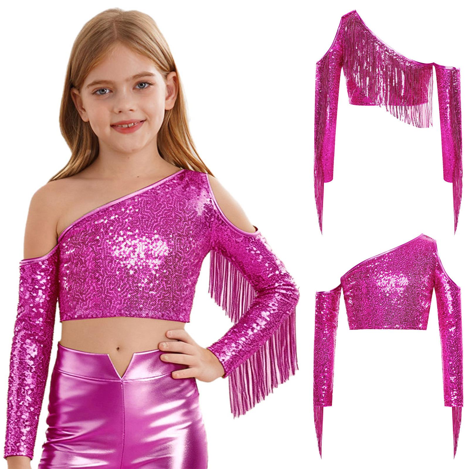 Kinder Mädchen Schönheitswettbewerb Bühnenauftritt Kostüm Ein Schulter Langarm Fransen Glitzernde Pailletten Crop Top für Tanzwettbewerb Aufführung 9-10 Years heißes rosa