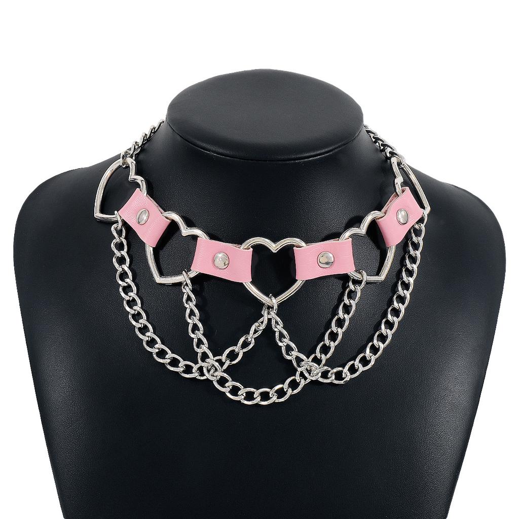 Women Hip Hop Punk Style Exaggerated Necklace Metal Texture PU Heart Jewelry Trendy Cool Personality Clavicle Necklace Jewelry