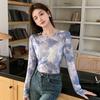 Women Tie Dye Round Neck Long Sleeve Slim Fit Mesh Texture Casual T Shirt