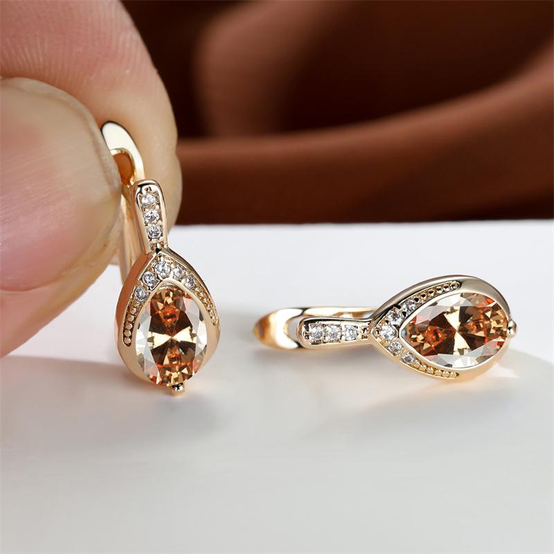 Birnenschliff Königsblau Rot Rosa Schwarz Grüner Stein Creolen für Damen Champagner Gold Farbe Tropfen Zirkon Hochzeits Schmuck Geschenk