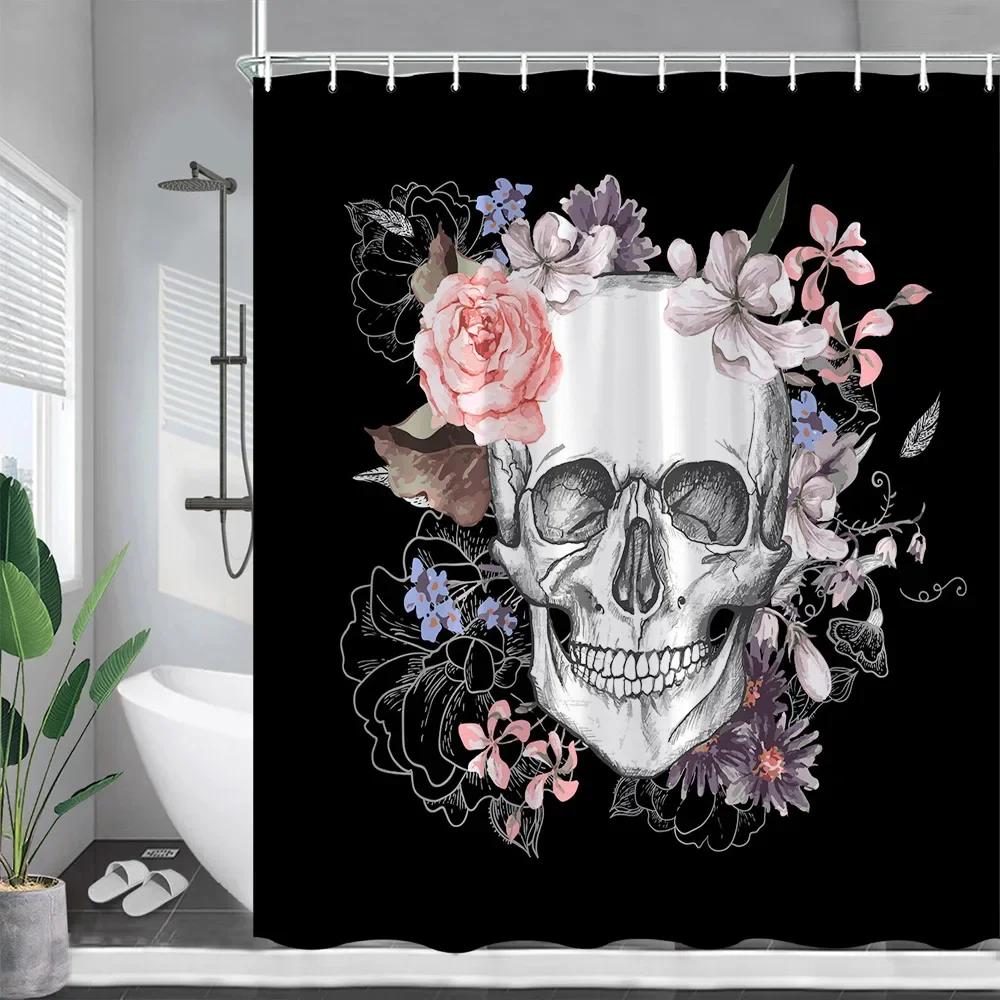 Blommigt Dödskalle Duschdraperi Rosa Blommor Skelett Akvarellkonst Rolig Halloween Badrumsgardin Tyg Badrumsinredning med Krokar