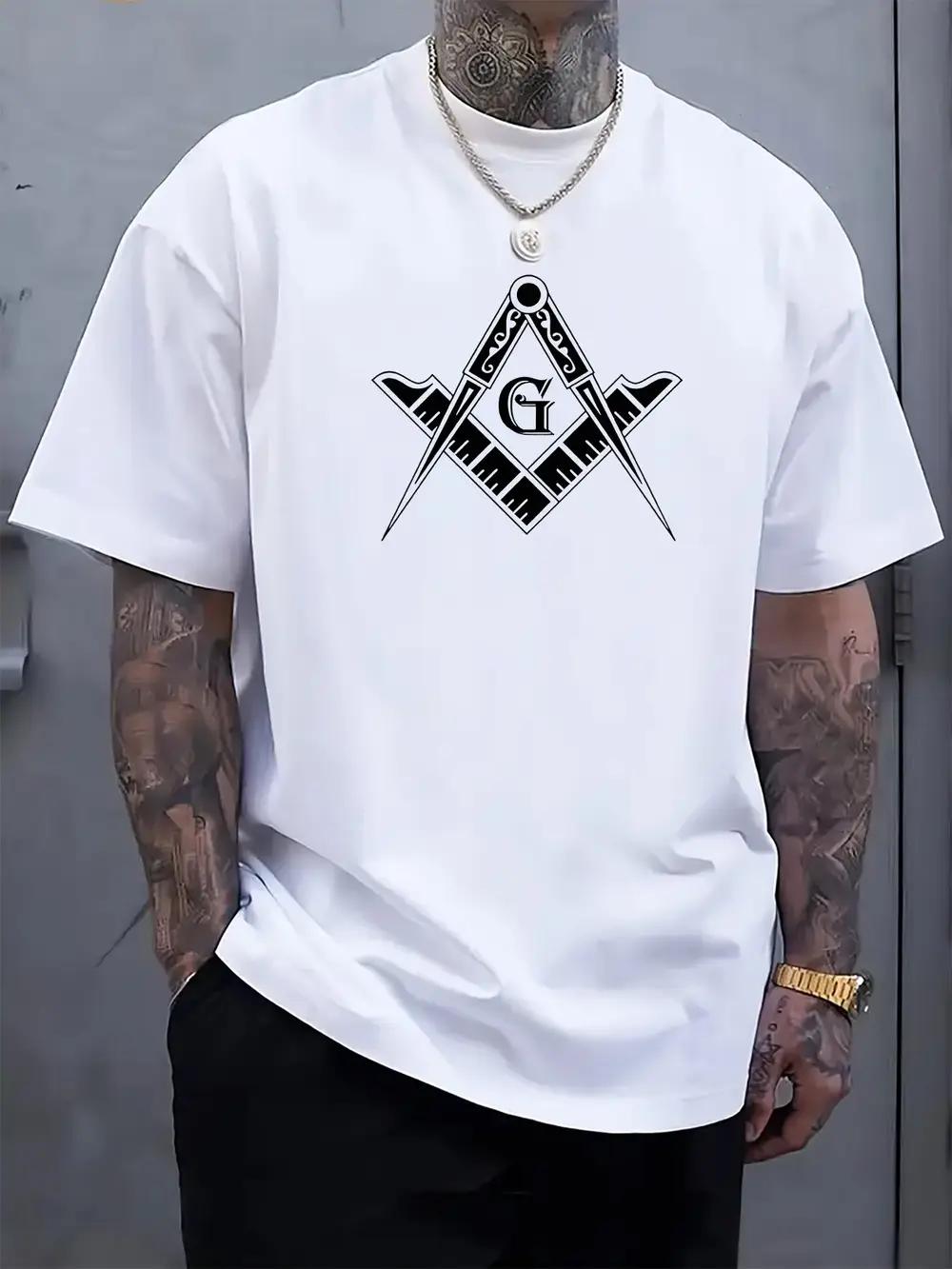 

Casual Crew Neck T-shirt with Masonic Symbol Print - Short Sleeve S