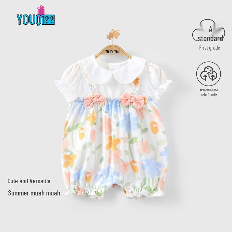 Baby Girl Floral Bowknot Summer Modal Short-Sleeve Romper 73