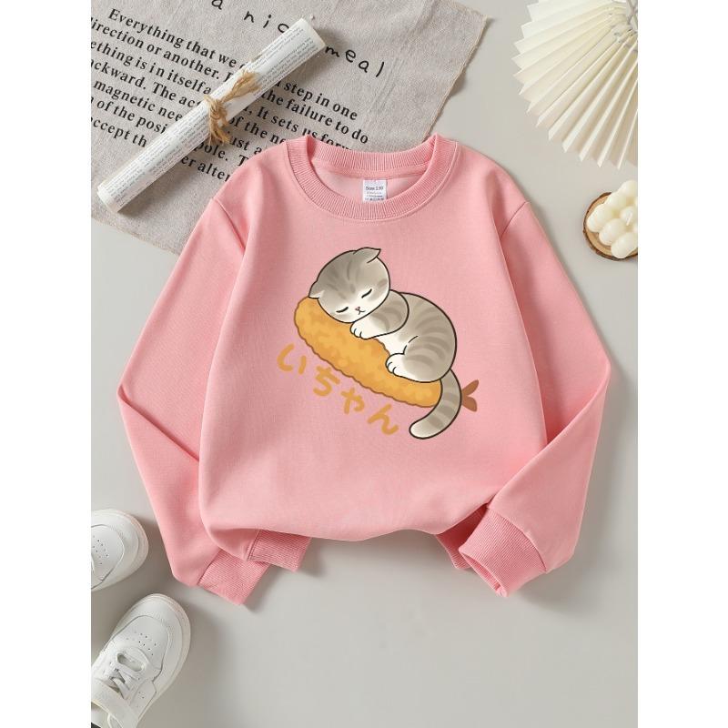 European Sizes Girls' Long-Sleeve Round Neck Sweatshirt "Sleeping Cat" Print, Spring/Autumn, Casual, Daily & Sports.