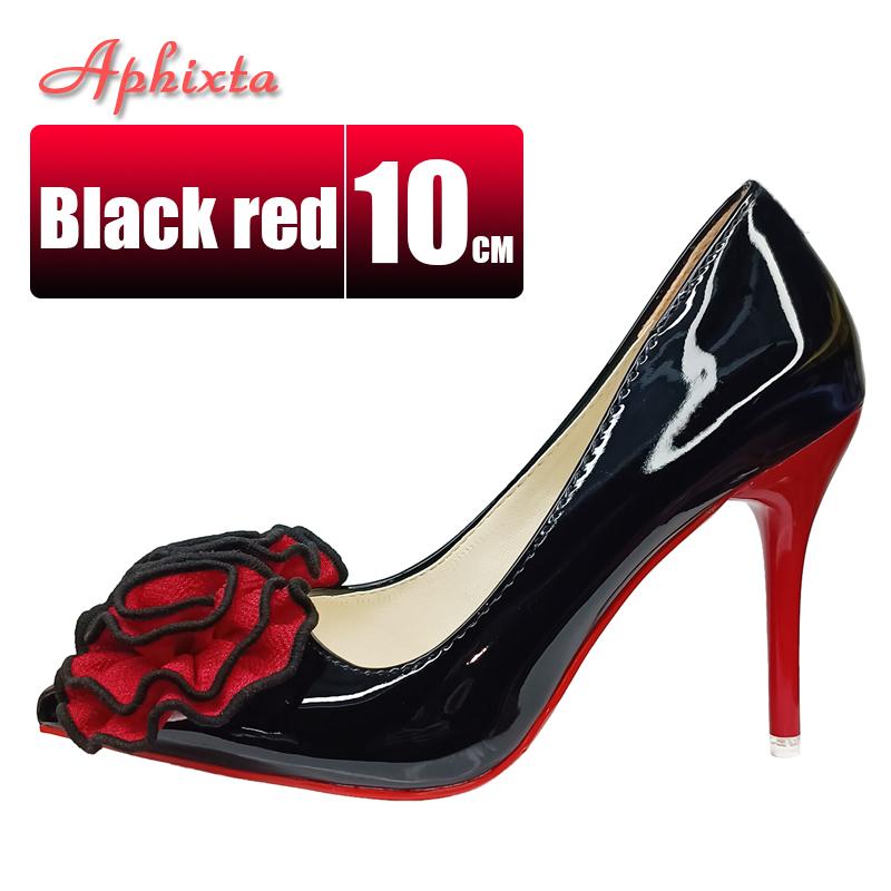 Aphixta Twins Roses Sticky Flowers 10cm Stiletto Heels Pumps Women Shoes Black Red Super High Pointed Toe Plus Big 49 50