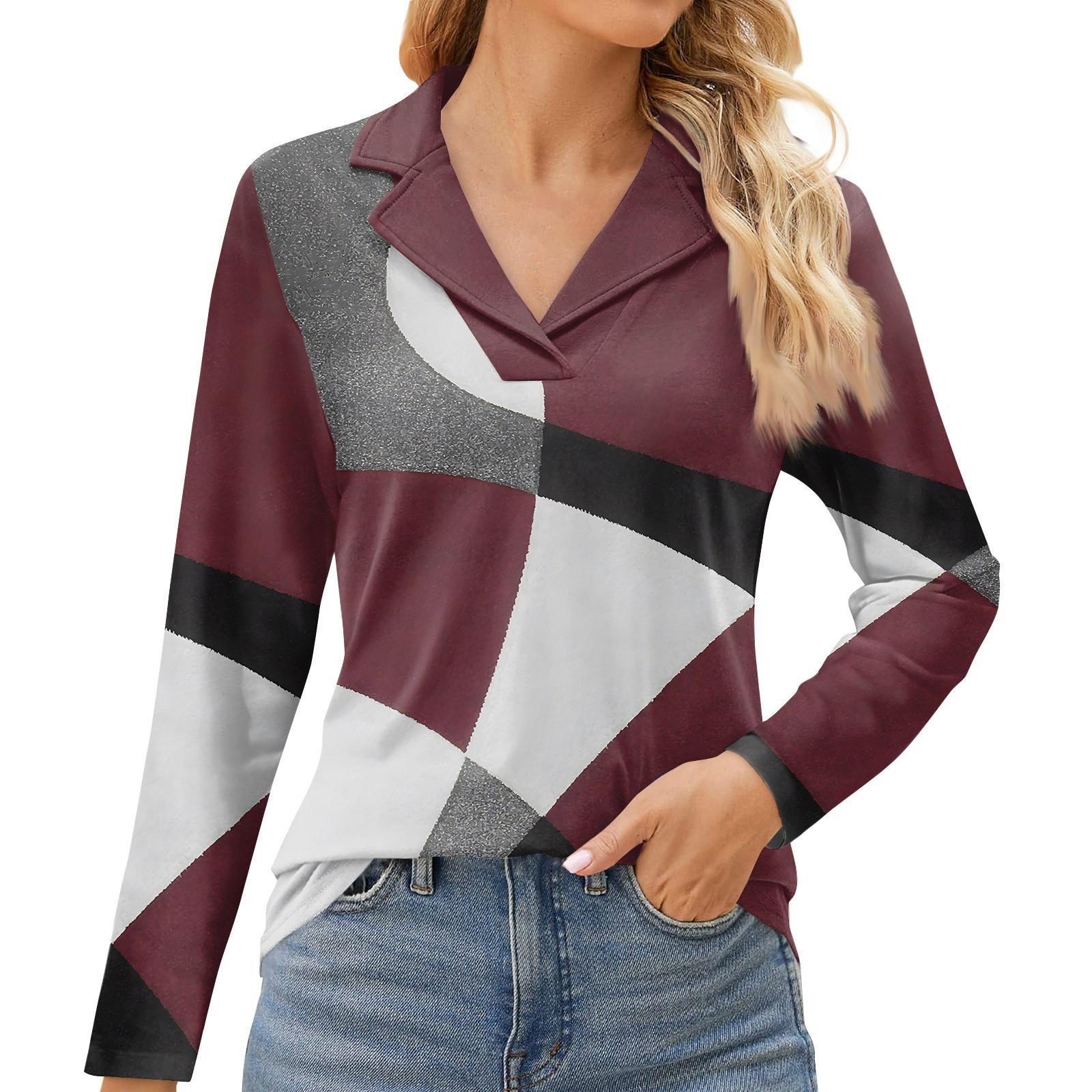 

Женская мода для отдыха с длинным рукавом и V-образным вырезом с цветочным принтом L винный