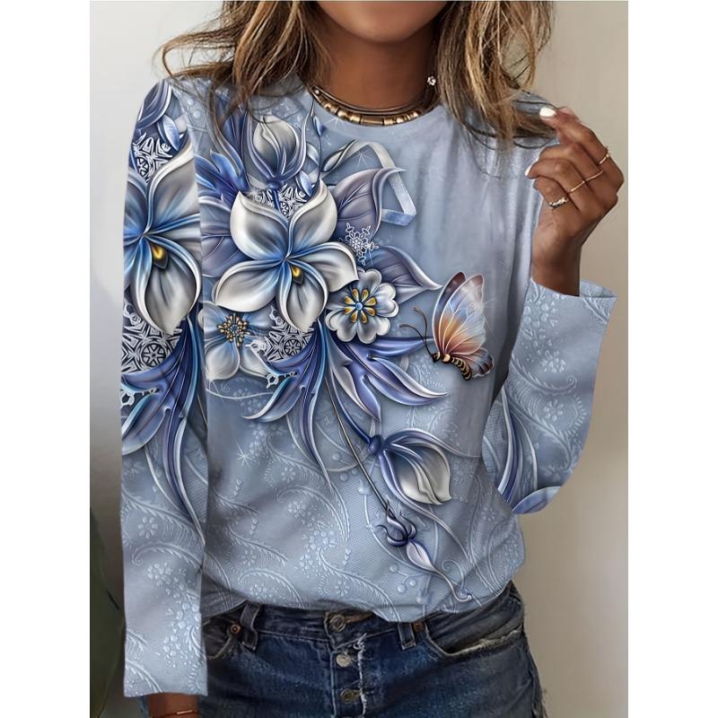 Women's Plus Size Floral Print Long Sleeve T-Shirt with Slight Stretch - Casual and Comfortable