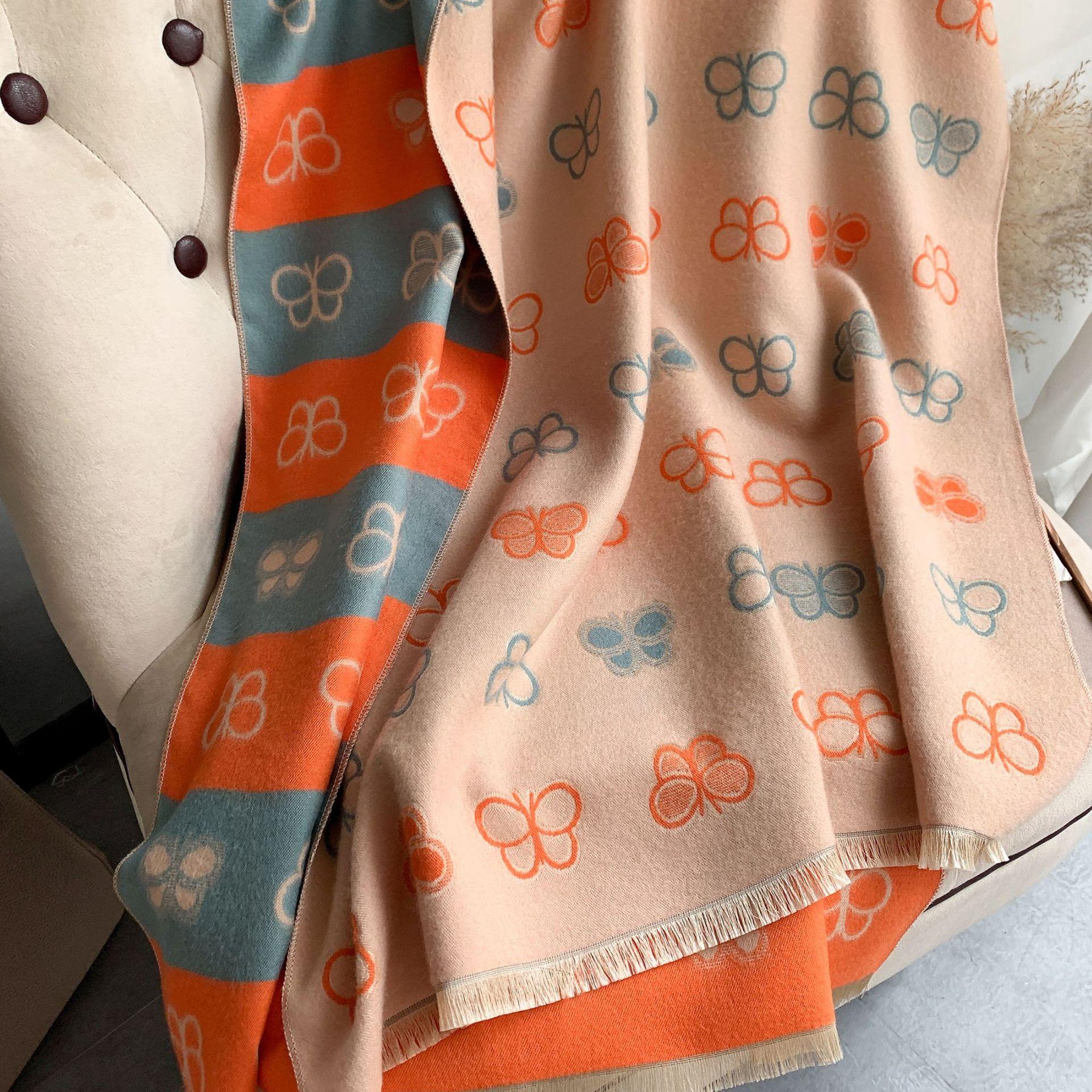 

Имитация кашемирового шарфа Женский жаккардовый шарф с бабочками Теплый универсальный шарф Короткая бахрома Утолщенное длинное полотенце Ветрозащитный 180-65cm