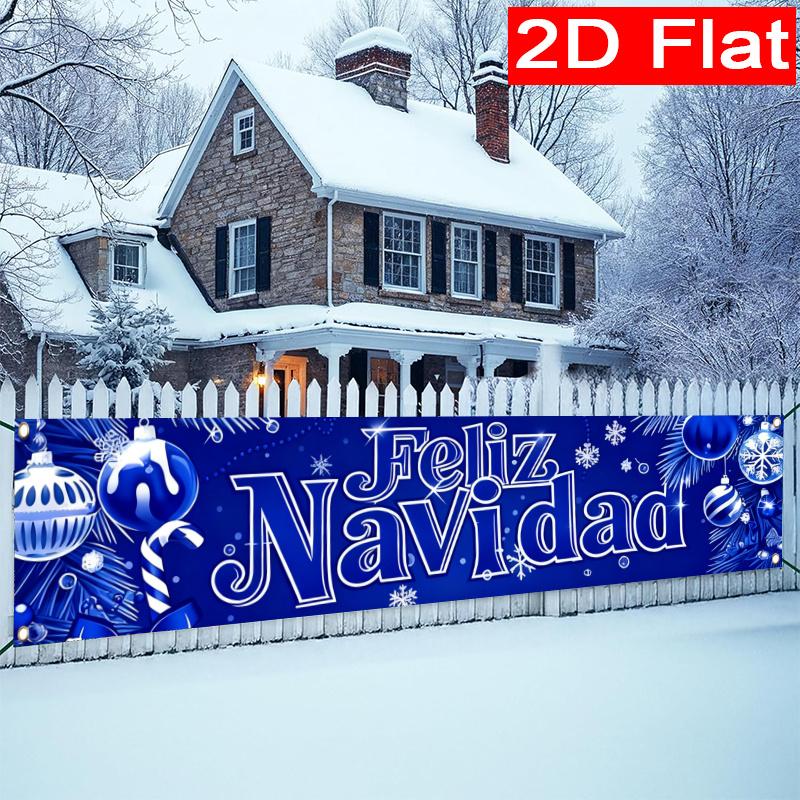 Spanish White Merry Christmas Christmas Yard Banner, Polyester Outdoor Fence Decor Garden Sign