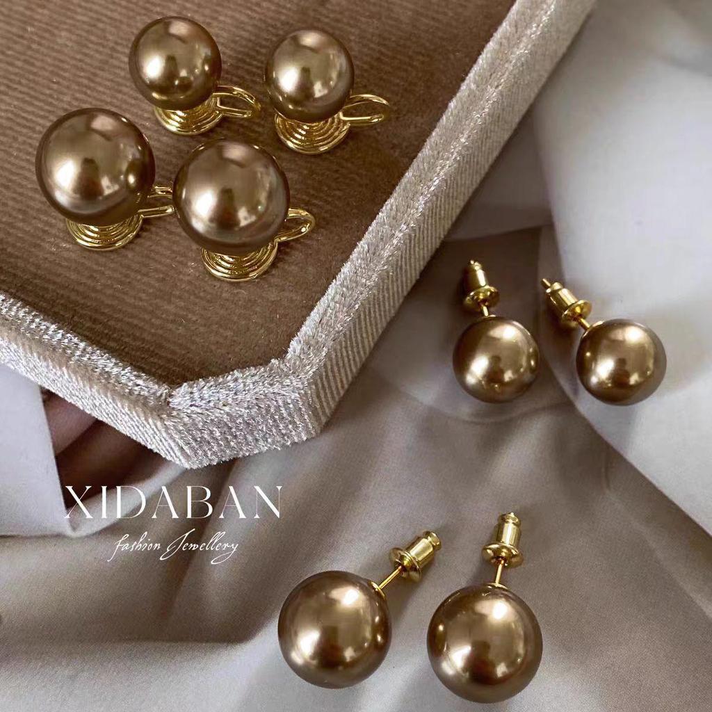 Vintage Champagne Brown Pearl Stud Earrings - 925 Sterling Silver, Sweet & Stylish Design for Women